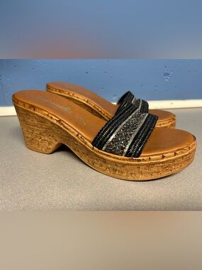 Toscanella Womens Black Beaded Cork-Wedge Slide Sandals